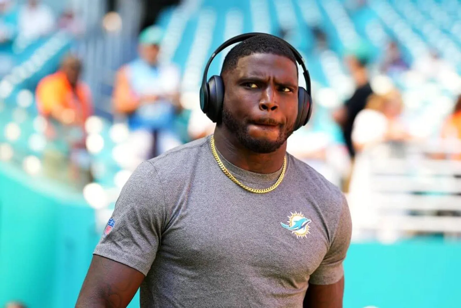 Tyreek Hill #10 of the Miami Dolphins warms up before a game against the New England Patriots at Hard Rock Stadium on Sept. 14, 2025 in Miami Gardens, Florida.
