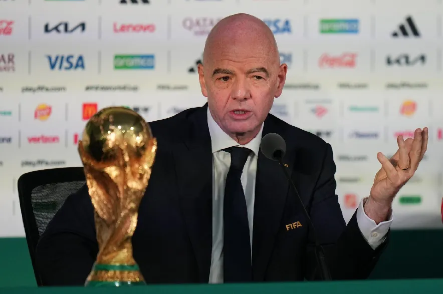 FIFA President Gianni Infantino speaks during a news conference at the stadium in Mexico City, Wednesday, June 10, 2026, a day before the opening FIFA World Cup match between Mexico and South Africa.
