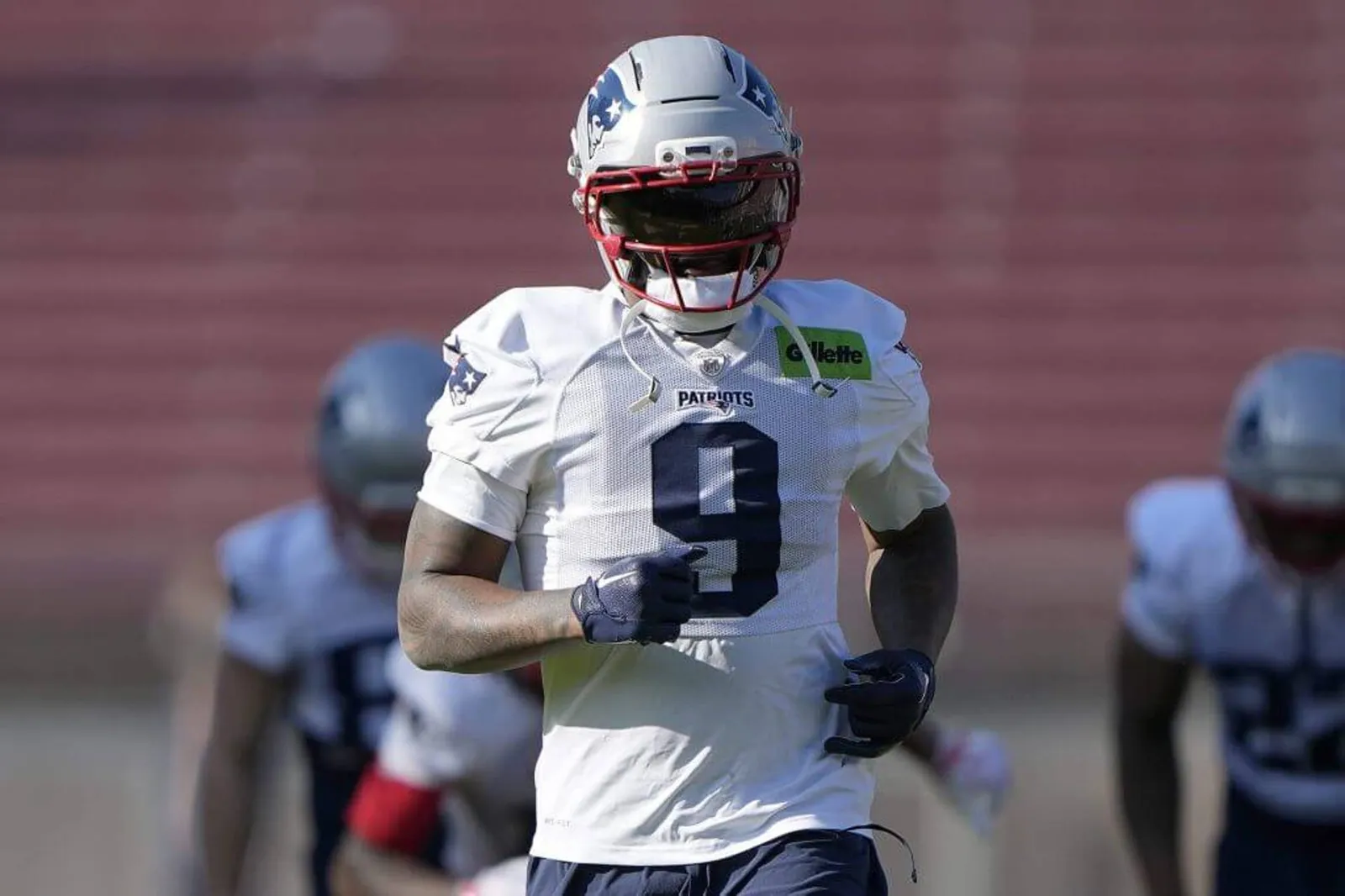 Kayshon Boutte #9 of the New England Patriots participates in drills during practice prior to Super Bowl LX at Stanford Stadium on February 05, 2026 in Stanford, California.