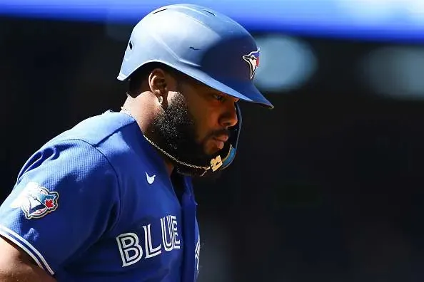 SEATTLE, WASHINGTON - JULY 05: Vladimir Guerrero Jr. #27 of the Toronto Blue Jays runs to first base after being walked during the sixth inning against the Seattle Mariners at T-Mobile Park on July 05, 2026 in Seattle, Washington. (Photo by Olivia Vanni/Getty Images)