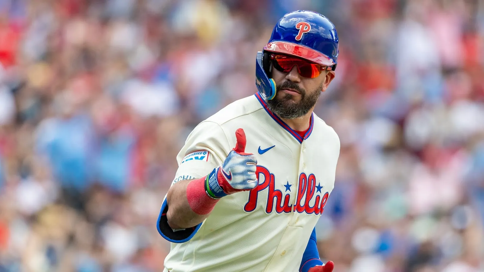 Philadelphia Phillies designated hitter Kyle Schwarber gestures after hitting a solo home run in the fifth inning of a baseball game against the Toronto Blue Jays, Sunday, Aug. 9, 2026, in Philadelphia. (AP Photo/Laurence Kesterson)(Laurence Kesterson/AP Photo/Laurence Kesterson)